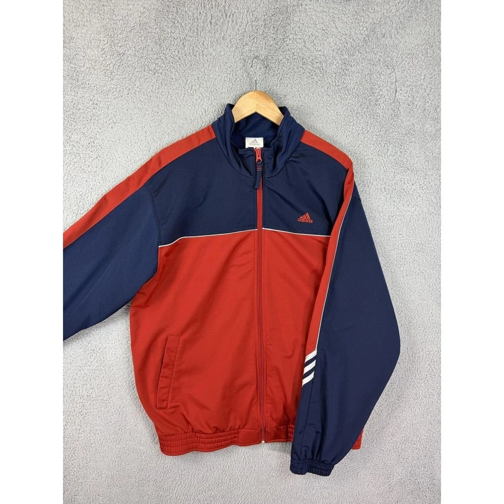 Adidas Track Jacket Mens Large Red Navy Colorblock Full Zip 3 Stripe Athletic